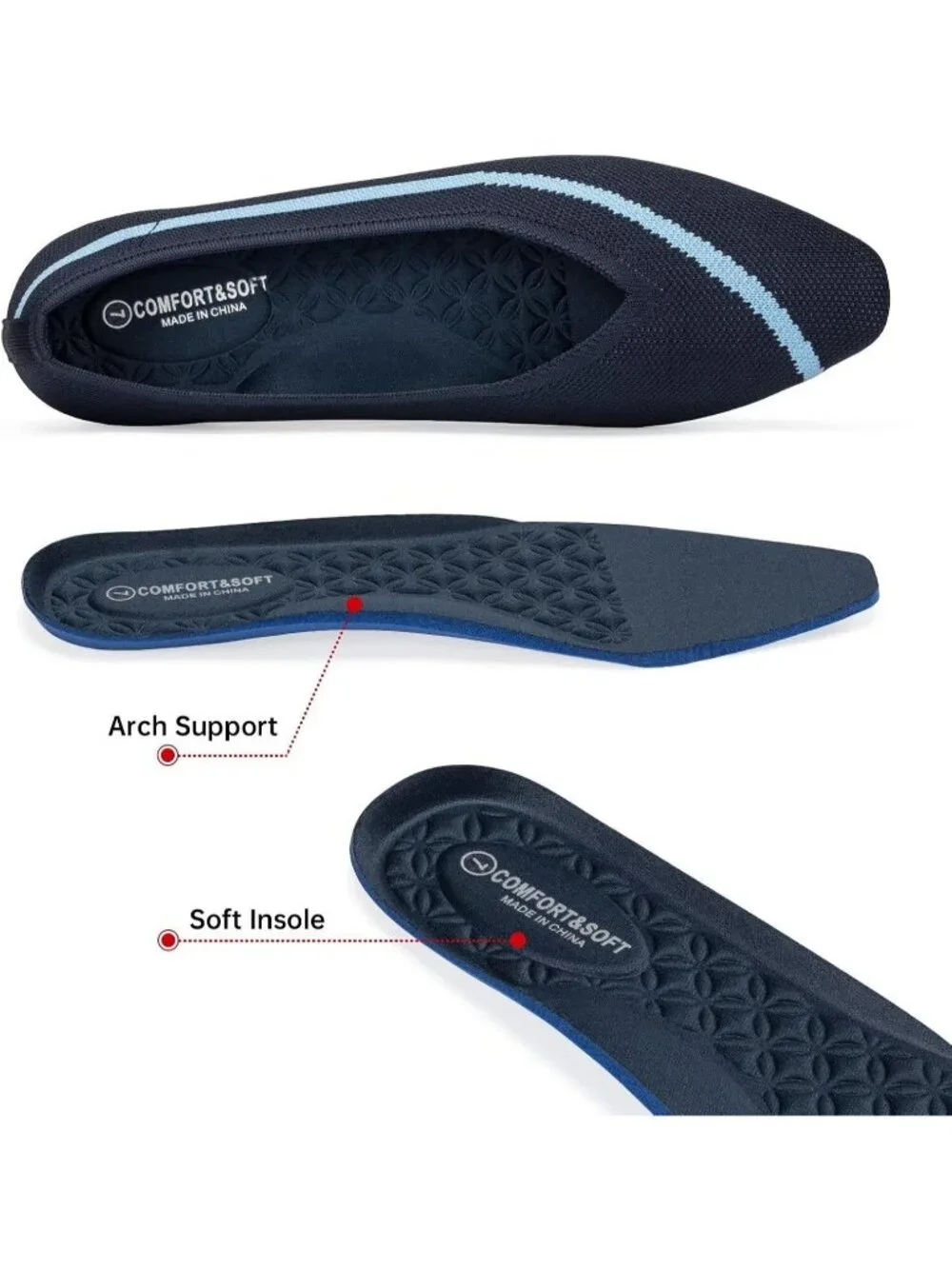 Frank Mully Women's Blue Rubber Knitted Square Toe Comfortable Slip On Flats